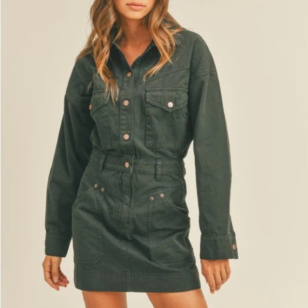 Washed Cotton Long Sleeve Utility Dress